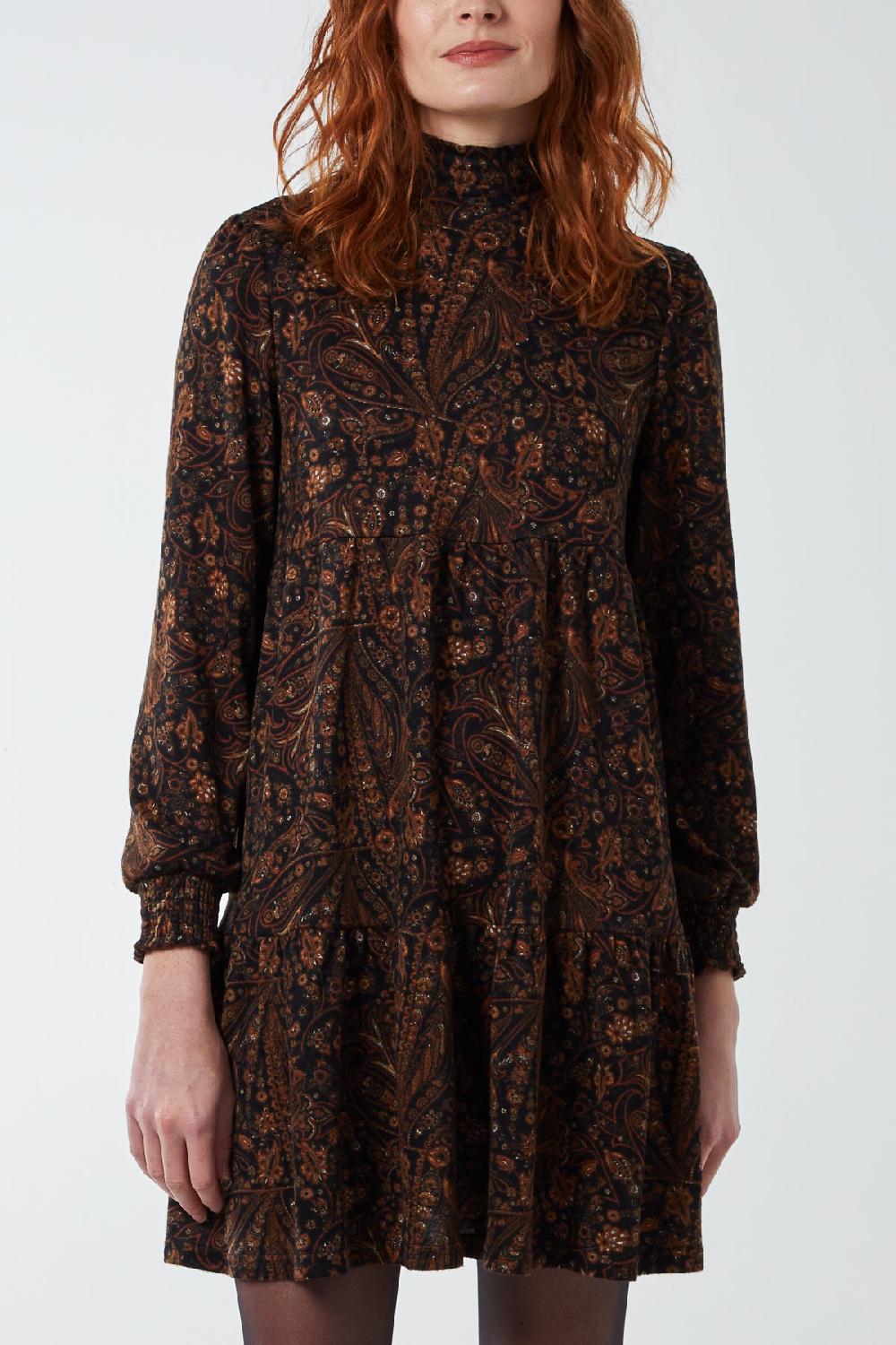 Qed London Shirring High Neck Paisley Smock Dress