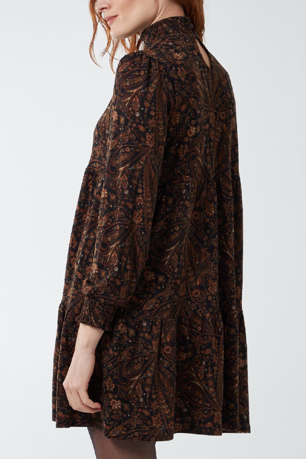 Qed London Shirring High Neck Paisley Smock Dress