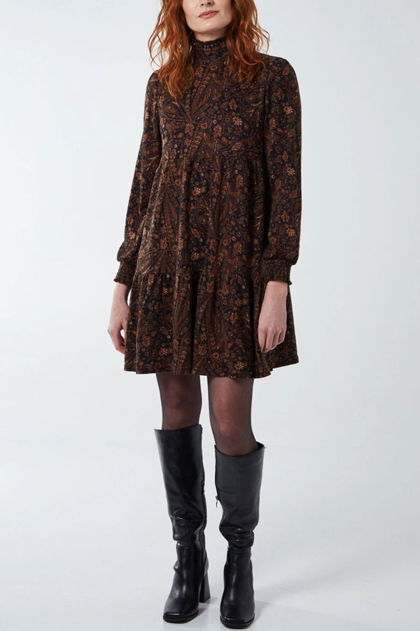 qed london Shirring High Neck Paisley Smock Dress