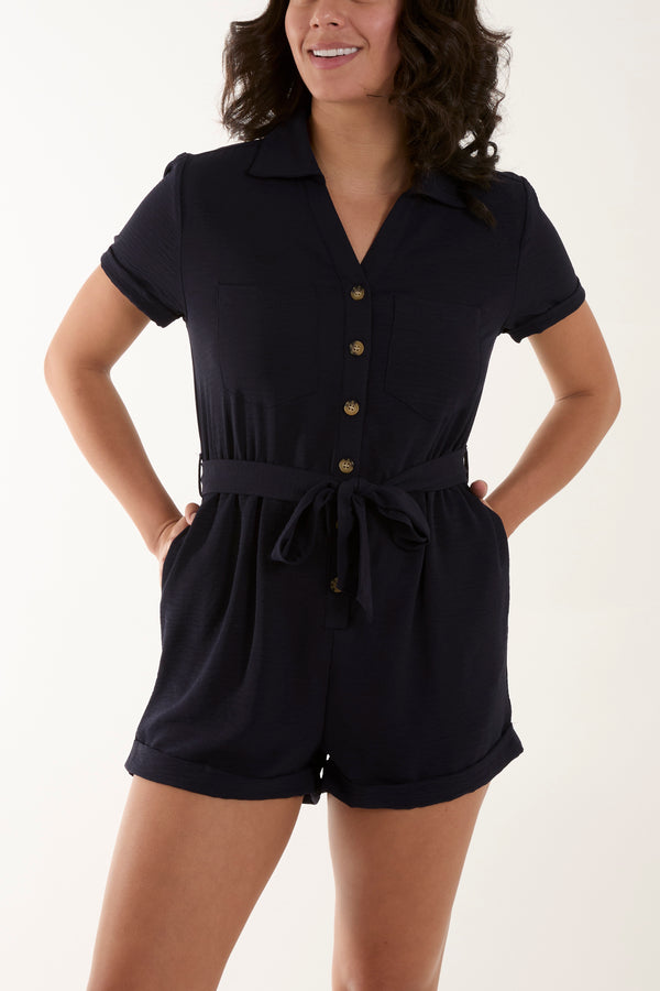 Qed London Short Sleeve Tie Waist Utility Playsuit