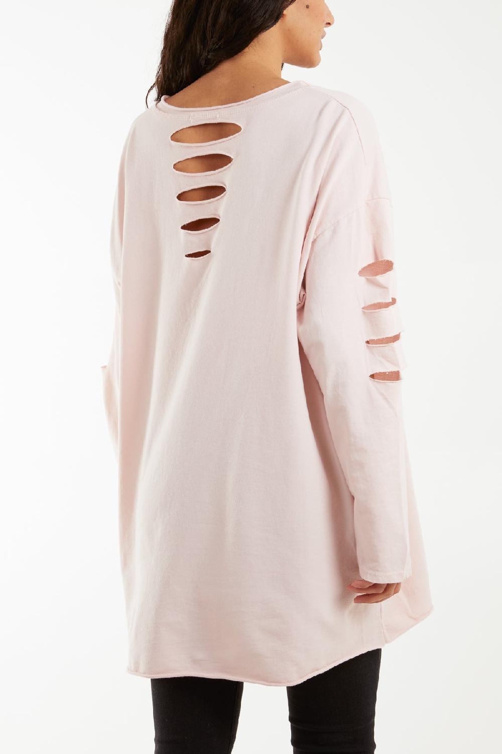 Qed London Sleeve & Back Distressed Cut Out Long Top