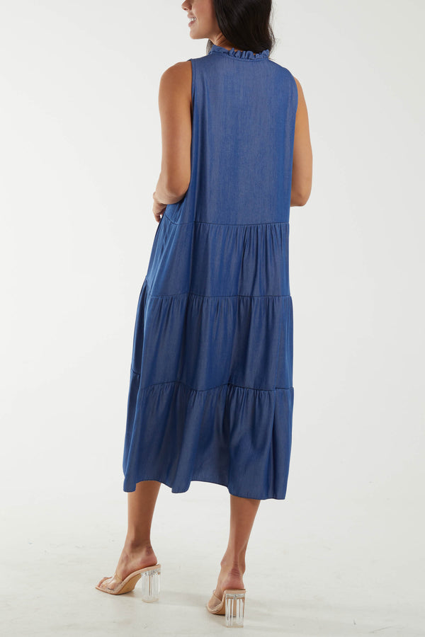 Qed London Sleeveless Denim Tiered Dress