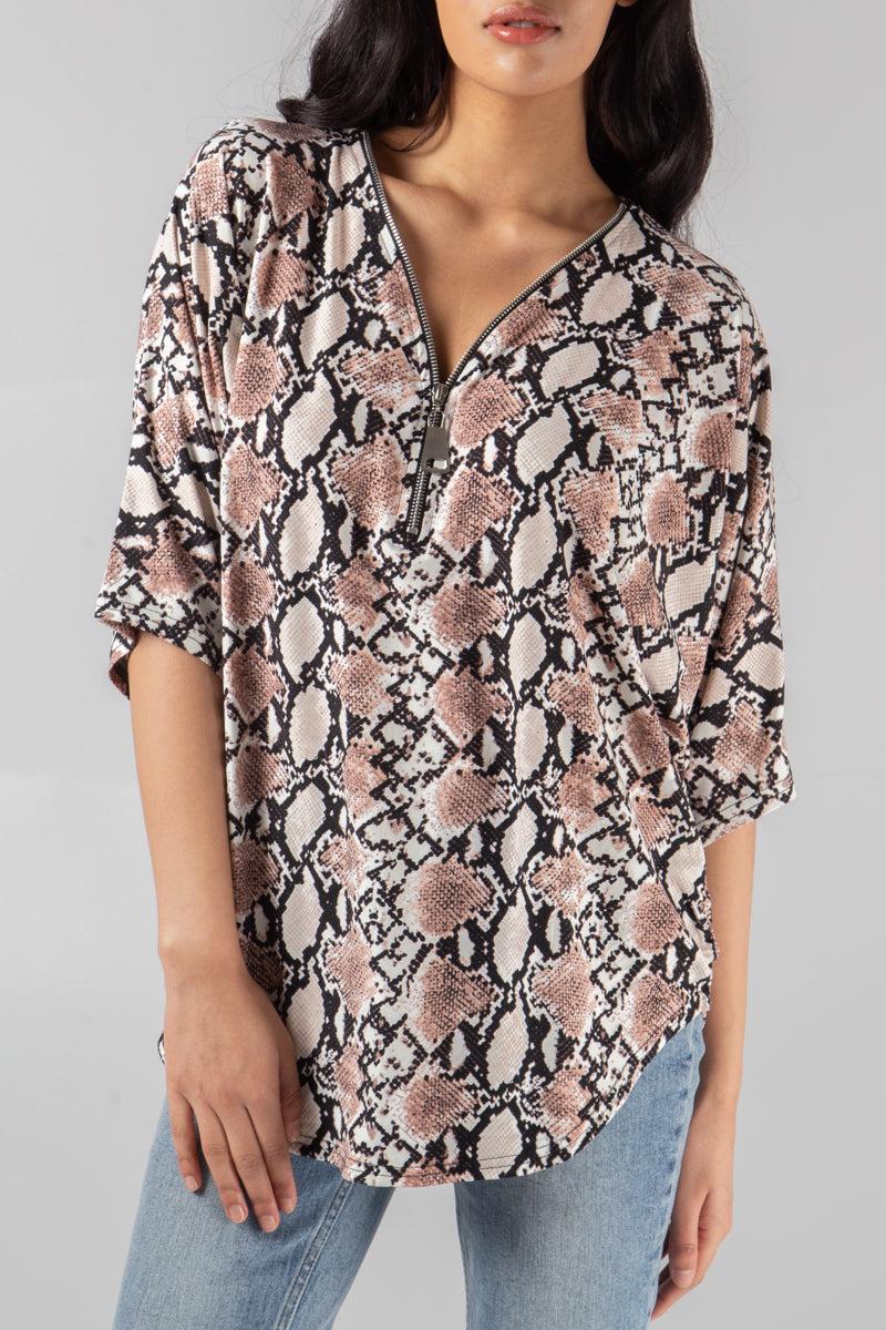 Qed London Snake Print Oversized Zip Front Top