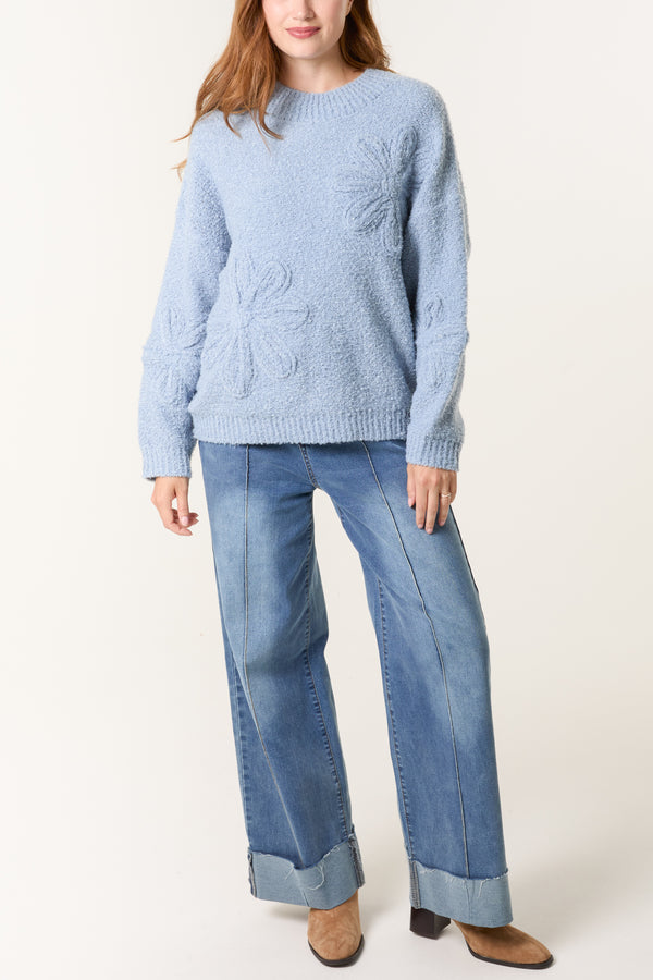 Qed London Soft Knit Flower High Crew Neck Jumper