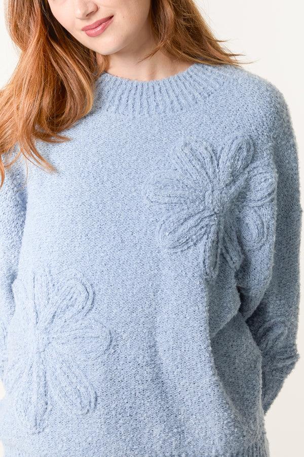 Qed London Soft Knit Flower High Crew Neck Jumper