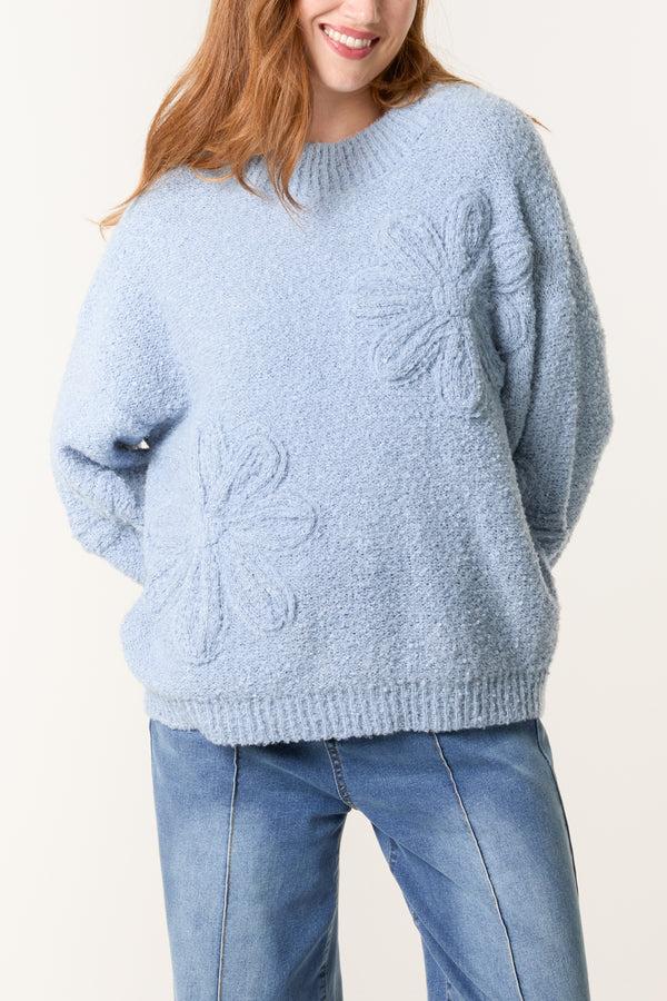 qed london Soft Knit Flower High Crew Neck Jumper