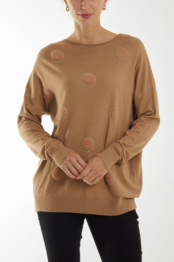 Qed London Soft Knit Fluffy & Diamante Spot Top