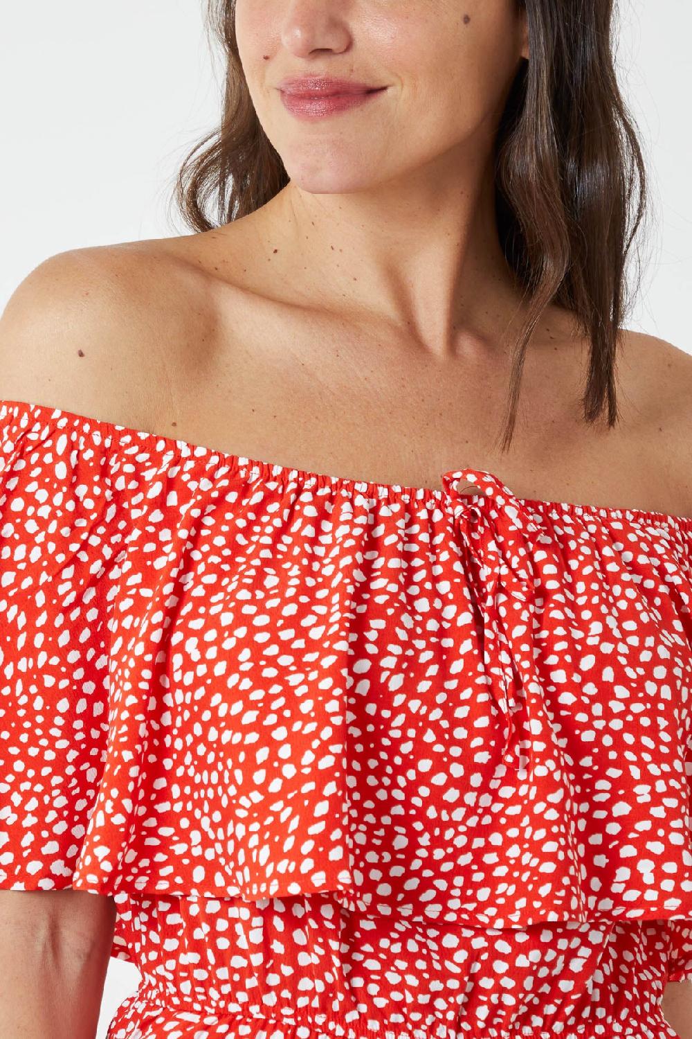 Qed London Spot Bardot Ruffle Jumpsuit