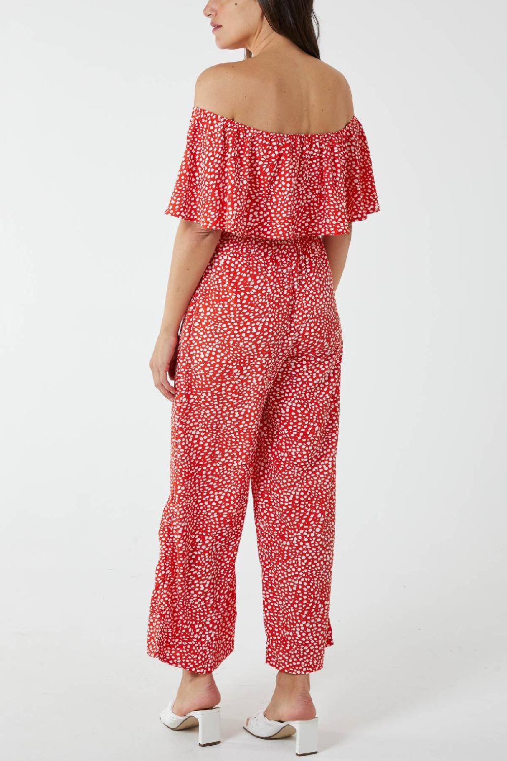 Qed London Spot Bardot Ruffle Jumpsuit