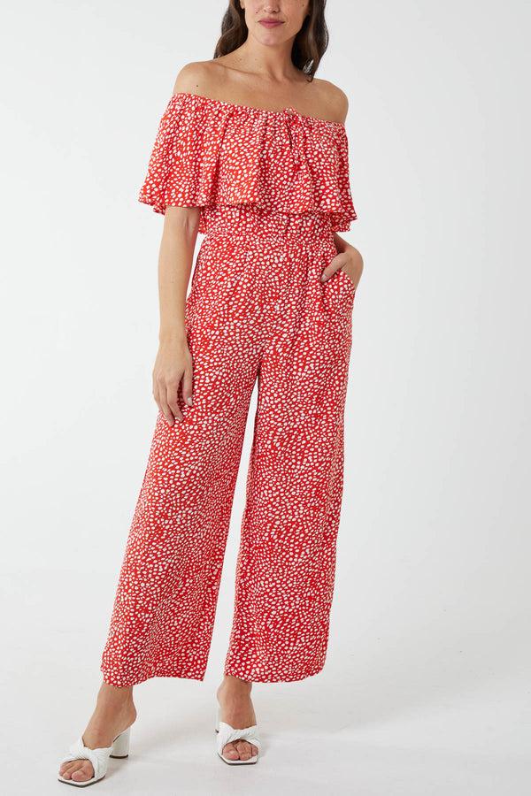 qed london Spot Bardot Ruffle Jumpsuit