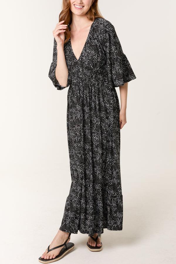 Qed London Spotted V-Neck Shirred Stretch Dress