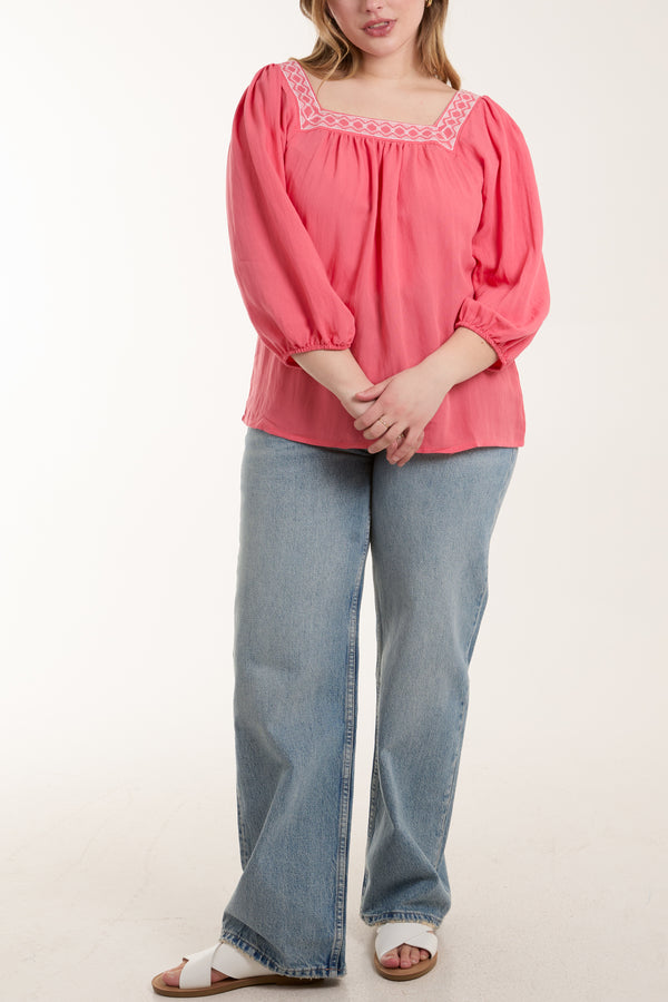 Qed London Square Neck Embroidered Blouse