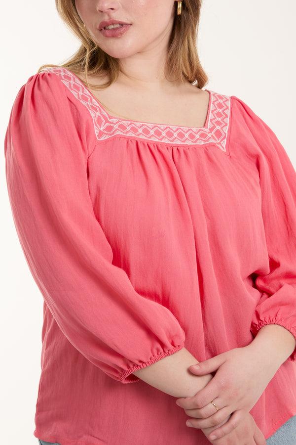 Qed London Square Neck Embroidered Blouse