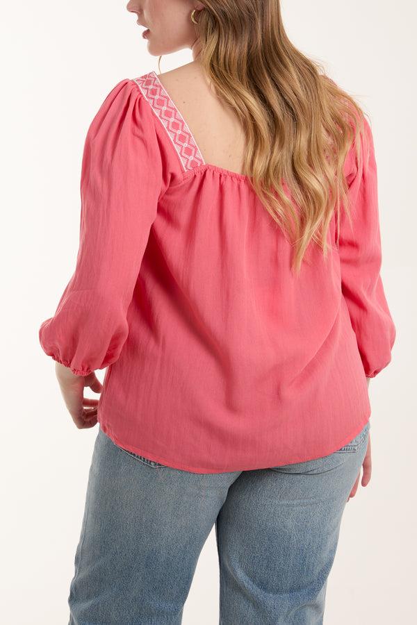 Qed London Square Neck Embroidered Blouse