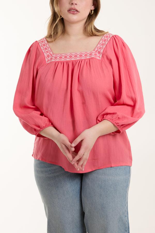 Qed London Square Neck Embroidered Blouse