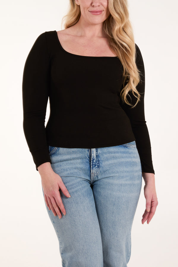 qed london Square Neck Ribbed Long Sleeve Top