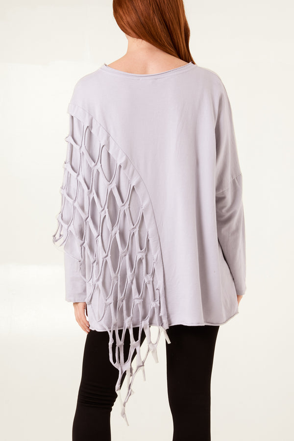 Qed London Square Net Asymmetric Long Sleeve Top