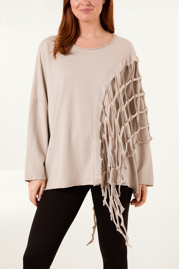 Qed London Square Net Asymmetric Long Sleeve Top
