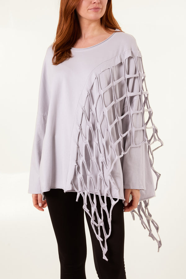 Qed London Square Net Asymmetric Long Sleeve Top