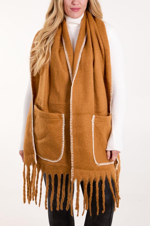 Qed London Stitch Hem Pocket Tassel Scarf
