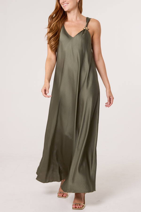Qed London Strap Gold Detail Satin Maxi Dress