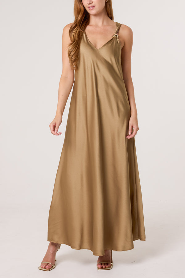 qed london Strap Gold Detail Satin Maxi Dress