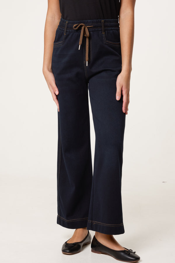 qed london String Elastic Waist Wide Leg Jeans