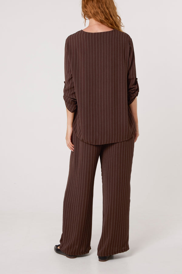 Qed London Stripe Round Neck Blouse & Trouser Set