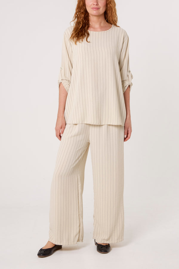 Qed London Stripe Round Neck Blouse & Trouser Set
