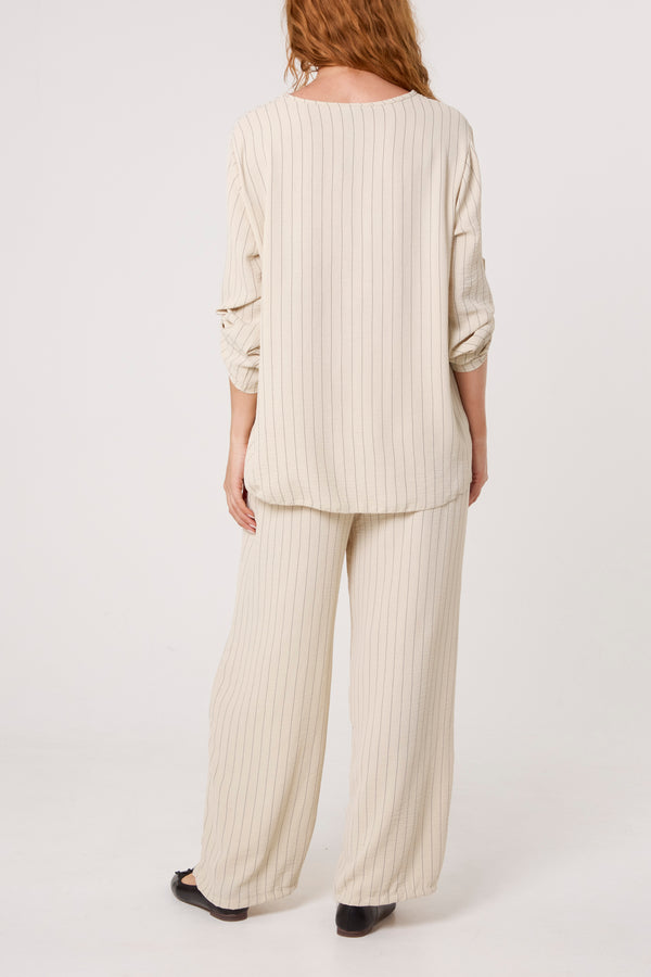 Qed London Stripe Round Neck Blouse & Trouser Set