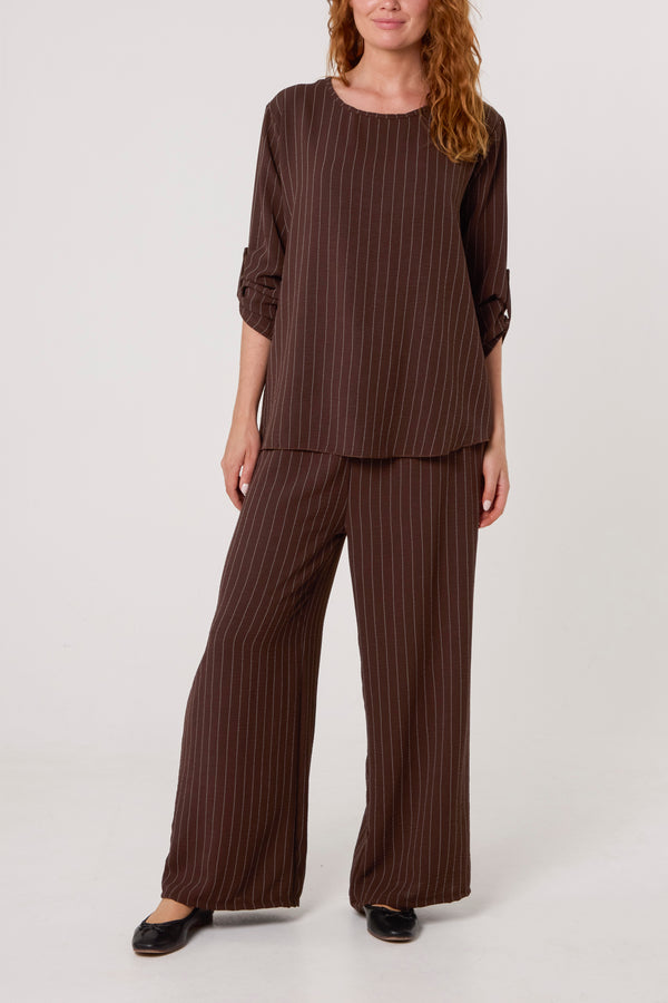 qed london Stripe Round Neck Blouse & Trouser Set