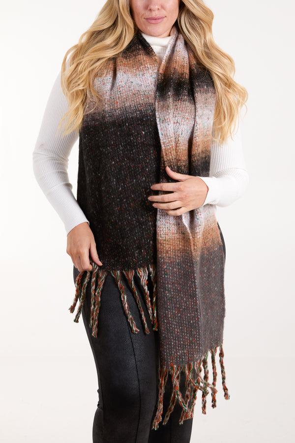 qed london Stripe & Space Dye Fluffy Tassel Scarf