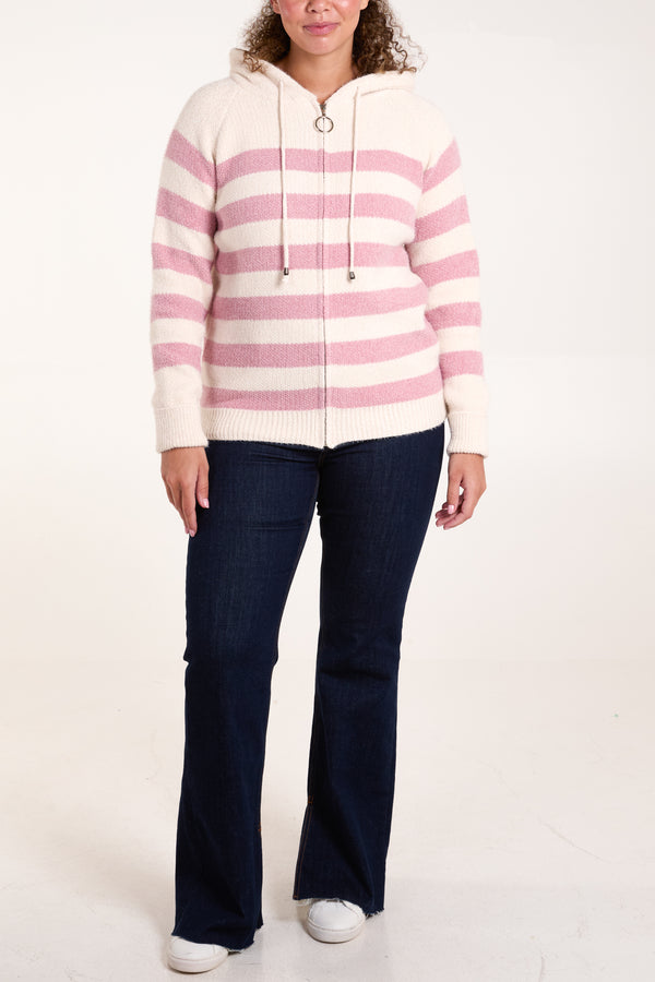 Qed London Striped Soft Knit Zip Up Hoodie