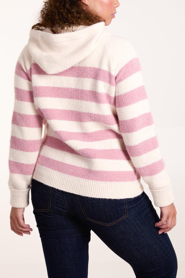 Qed London Striped Soft Knit Zip Up Hoodie