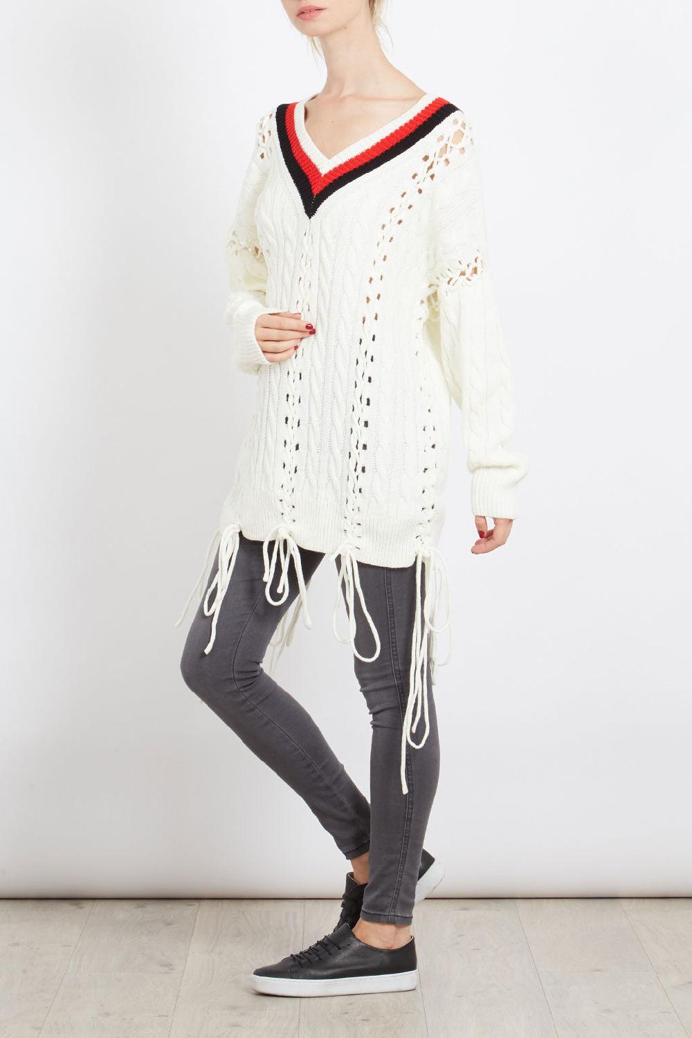 Qed London Striped V Neck Braid Detail Jumper