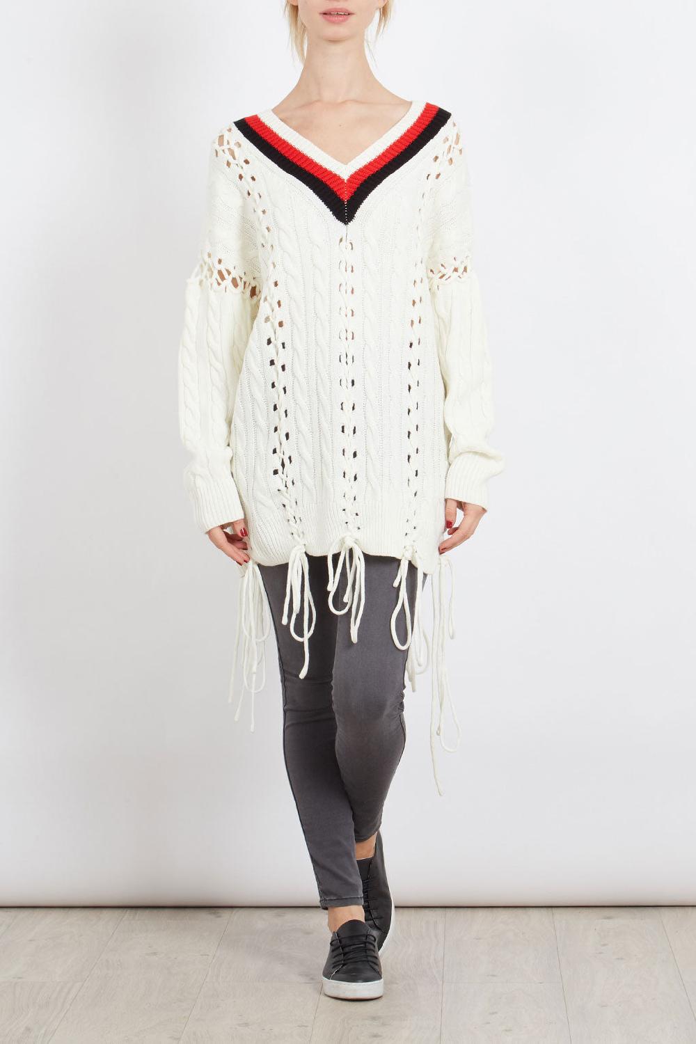 qed london Striped V Neck Braid Detail Jumper