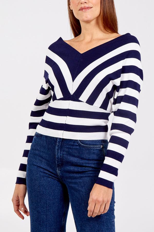 qed london Striped V Neck Cropped Jumper