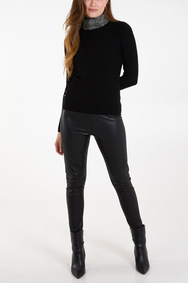 Qed London Studded High Neck Rib Jumper