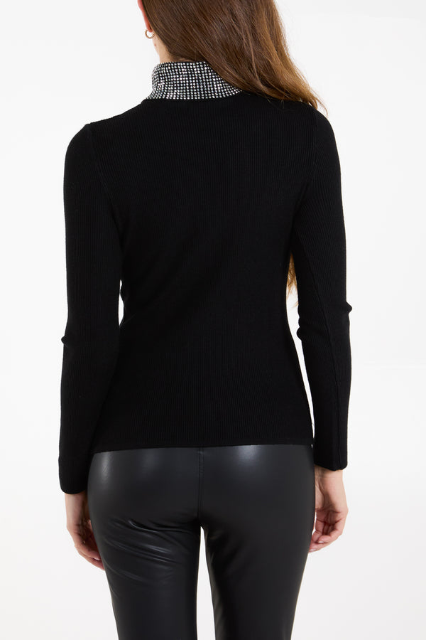 Qed London Studded High Neck Rib Jumper