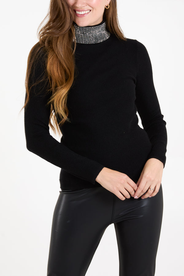Qed London Studded High Neck Rib Jumper