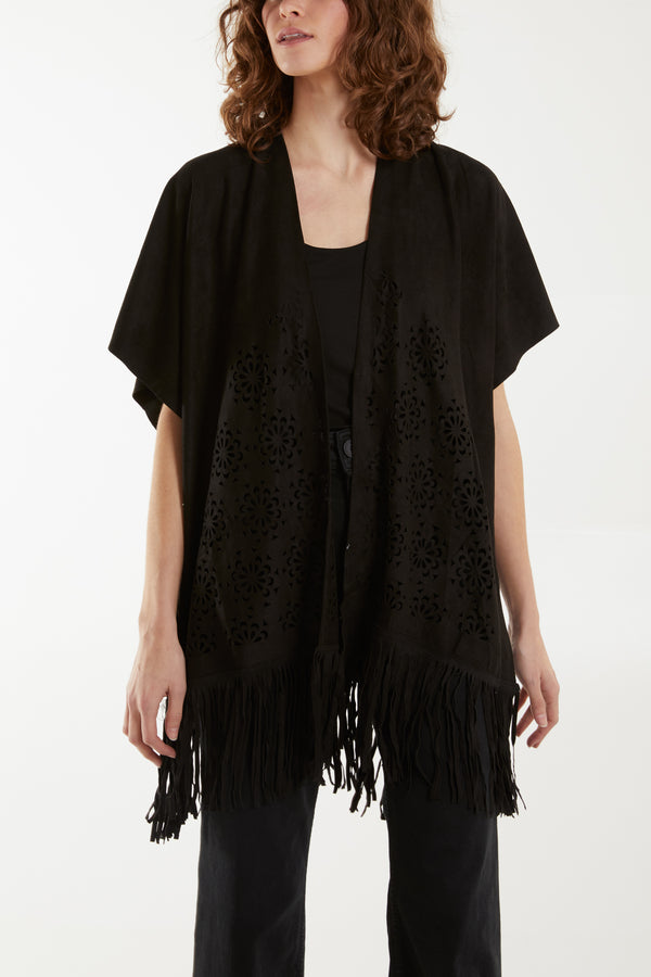 Qed London Suede Fringe Cut Out Cardigan