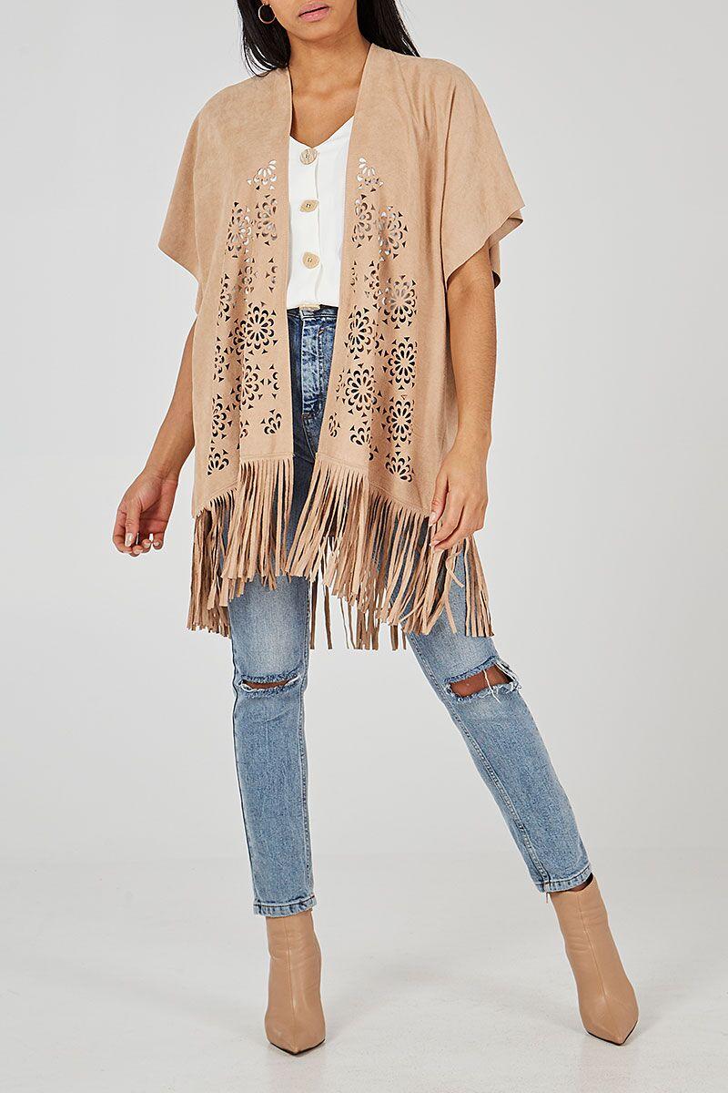 qed london Suede Fringe Cut Out Cardigan
