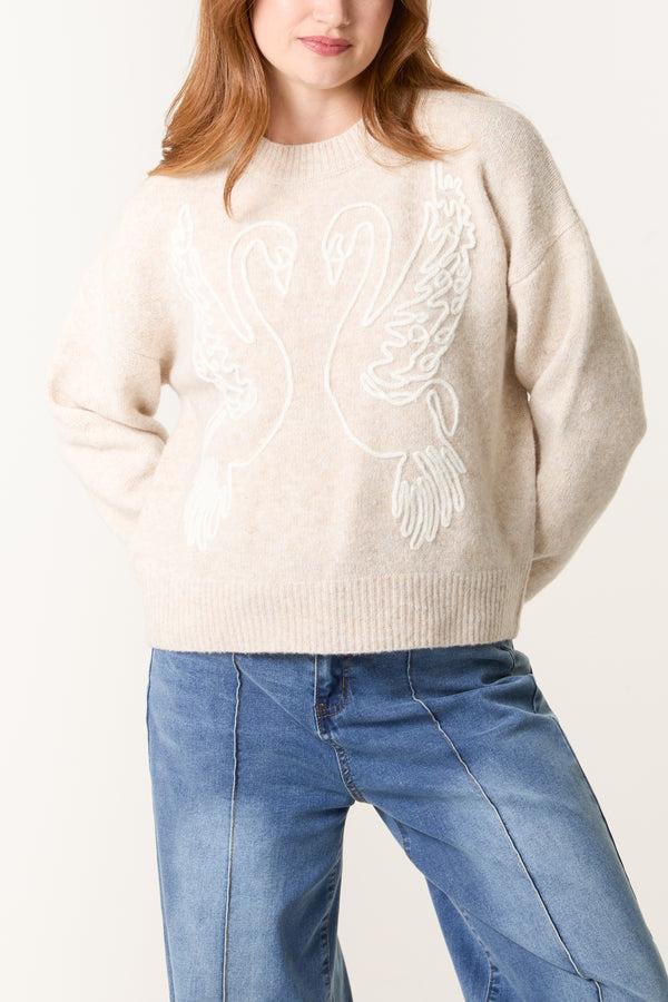 Qed London Swan Embroidered Knit Jumper