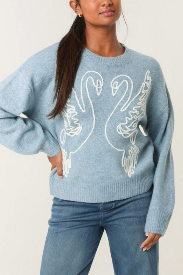 qed london Swan Embroidered Knit Jumper