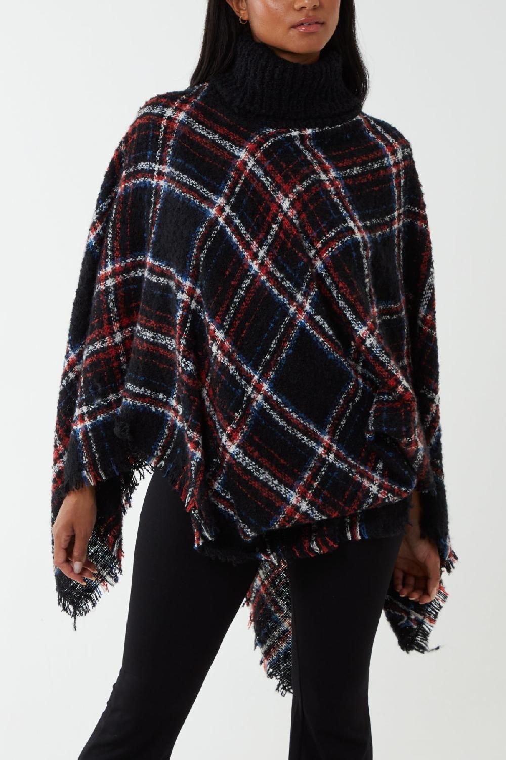 Qed London Tartan Roll Neck Tassel Poncho