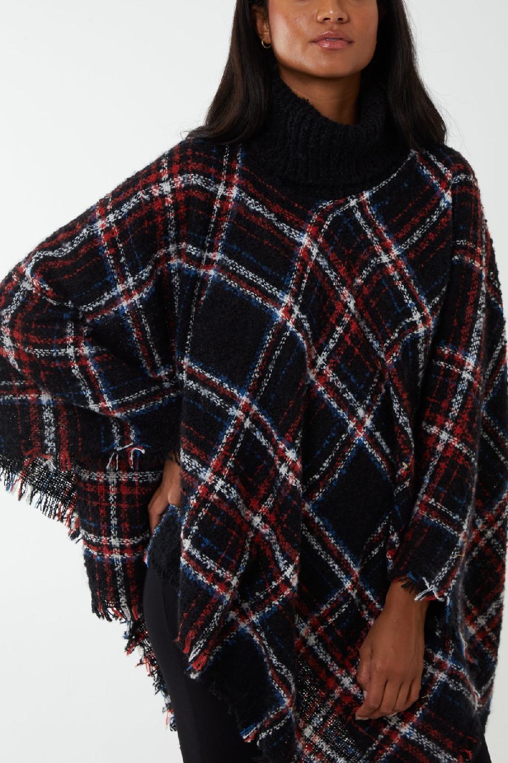Qed London Tartan Roll Neck Tassel Poncho