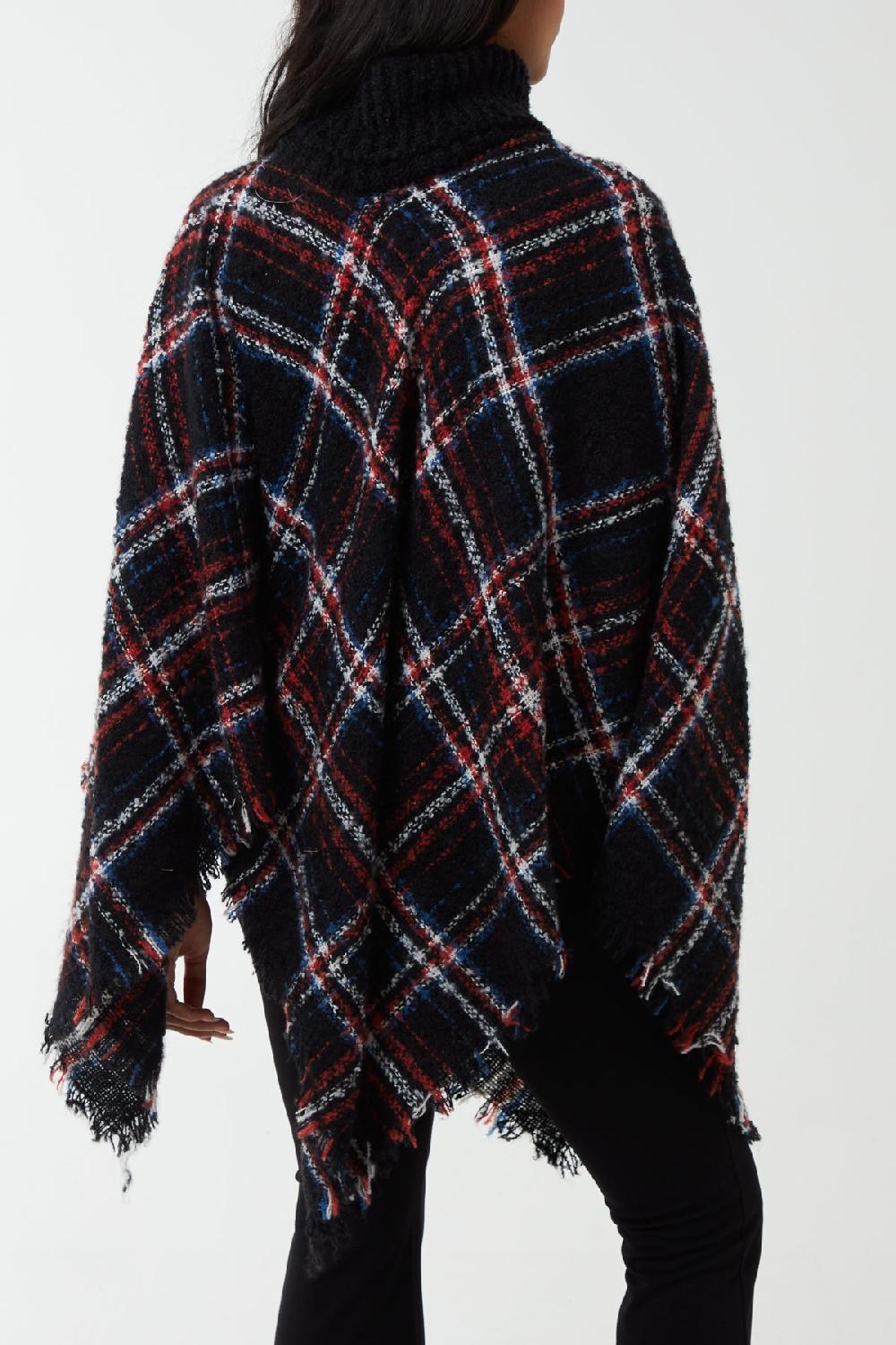 Qed London Tartan Roll Neck Tassel Poncho