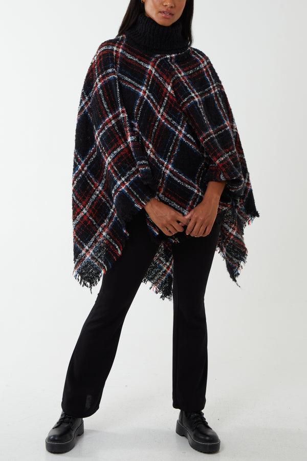 qed london Tartan Roll Neck Tassel Poncho