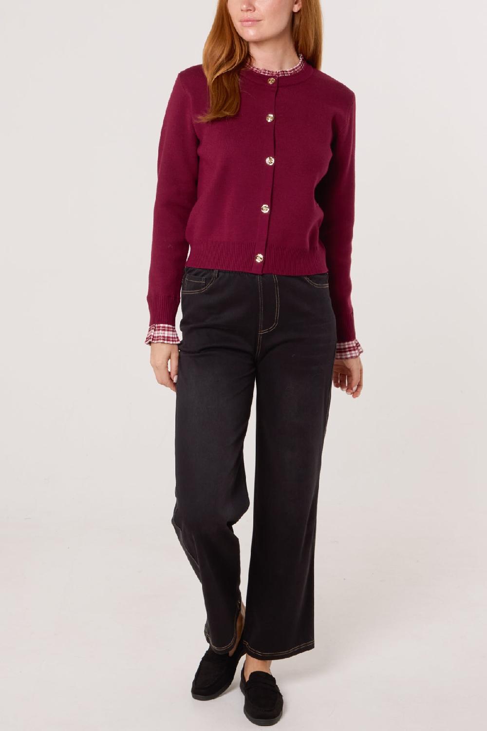 Qed London Tartan Ruffle Trim Knit Cardigan