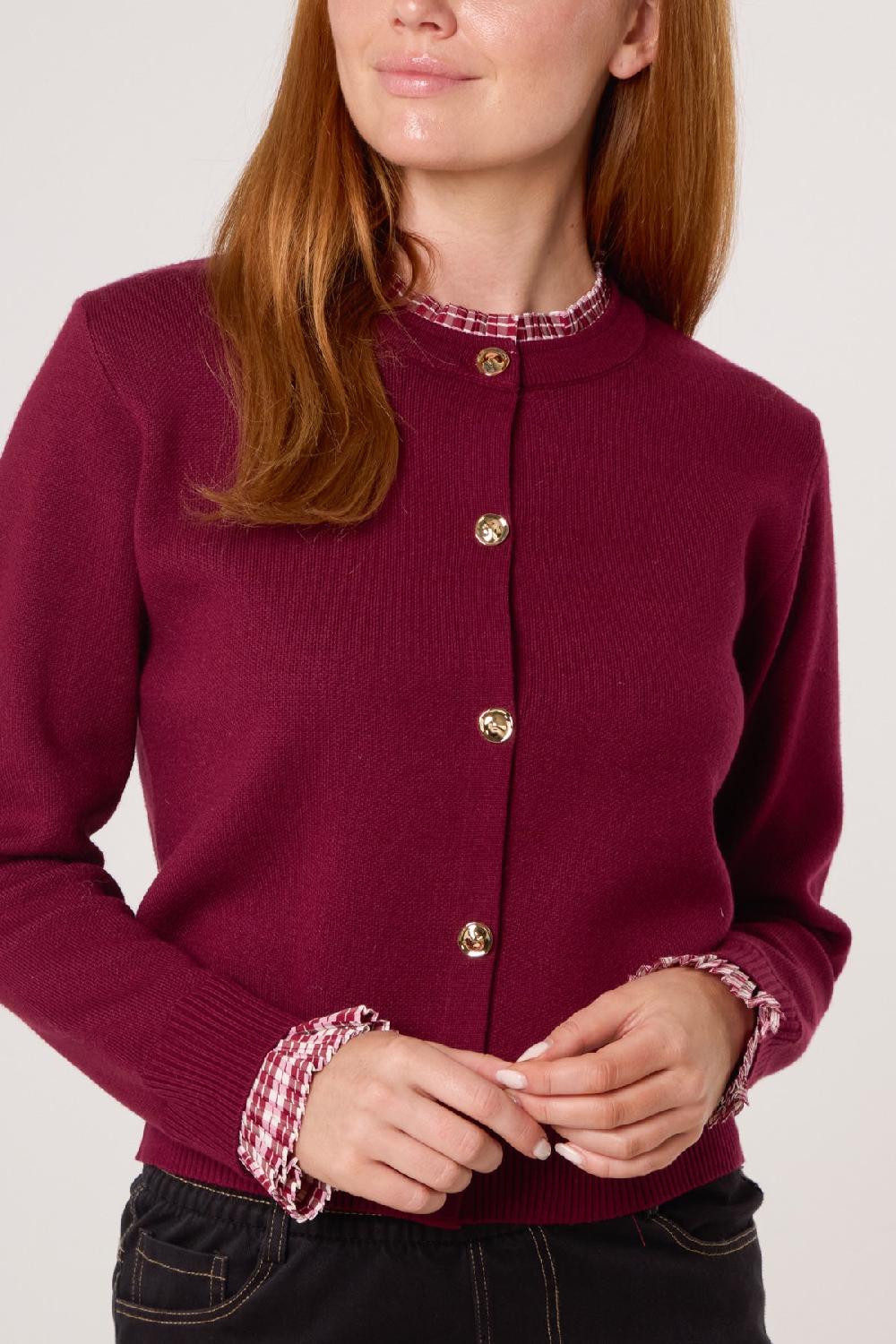 Qed London Tartan Ruffle Trim Knit Cardigan